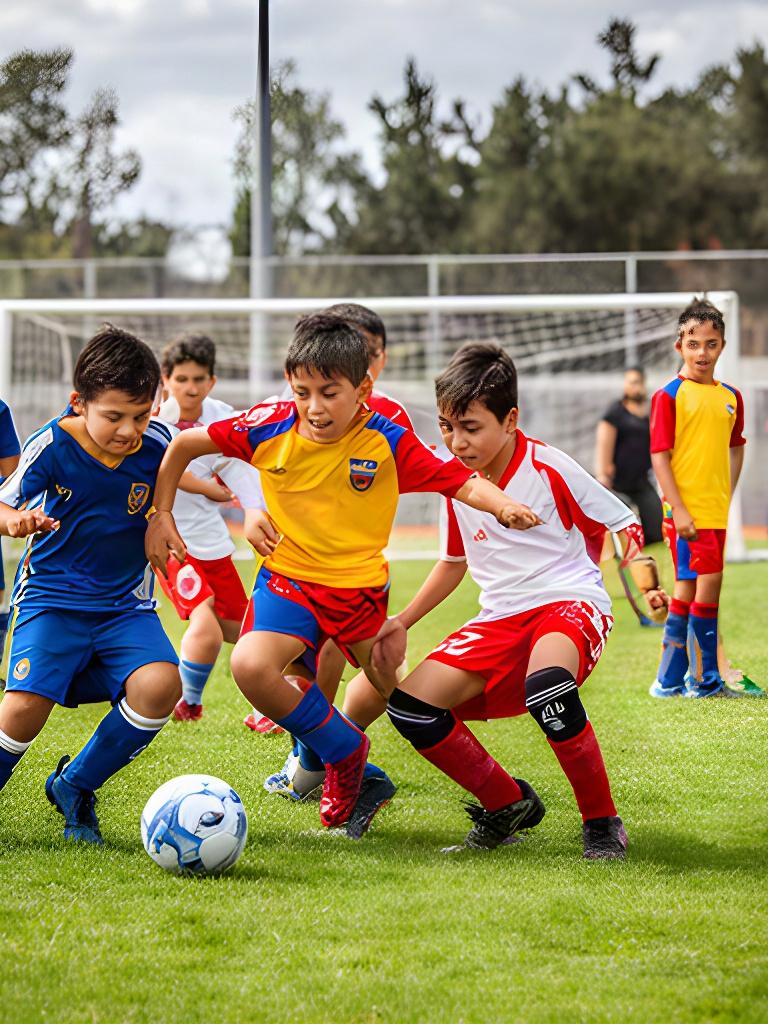 Niñas y niños jugando un partido de futbol en una cancha comunitaria de Cholula