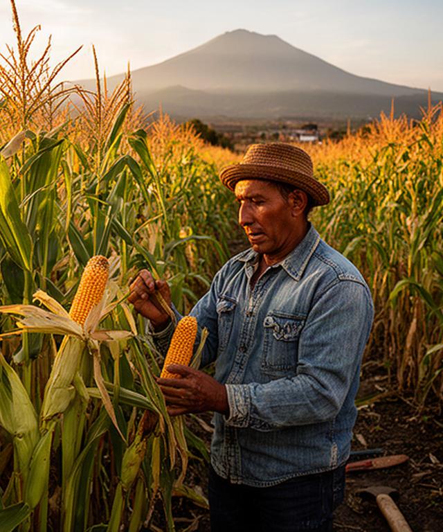 Campesino poblano revisando plantas de maíz criollo en una milpa