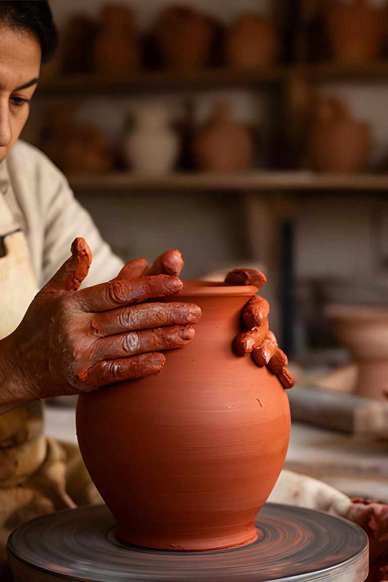 Artesana moldeando una pieza de barro rojo en su taller familiar de Puebla