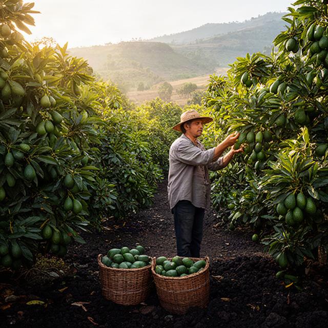 Cultivo de aguacate en Michoacán con árboles cargados de fruto