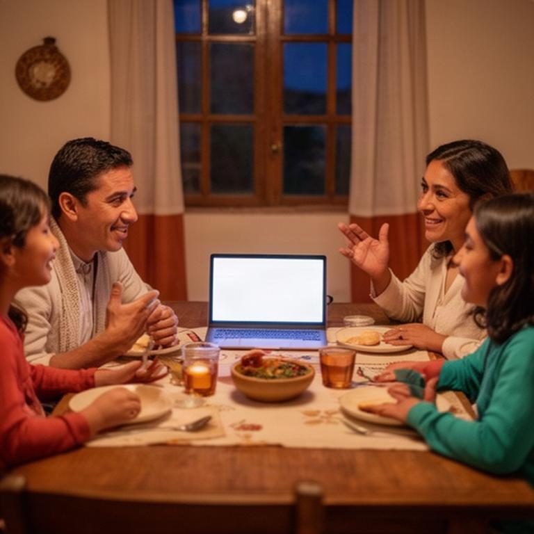 Familia poblana reunida alrededor de una mesa mientras conversa con un migrante en Nueva York