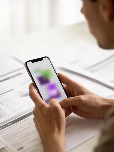 Persona consultando noticias en un teléfono junto a papeles de trabajo