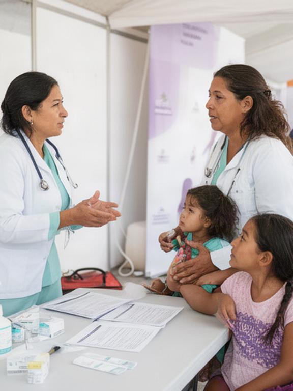 Personal de salud orientando a una familia en una jornada preventiva de Puebla