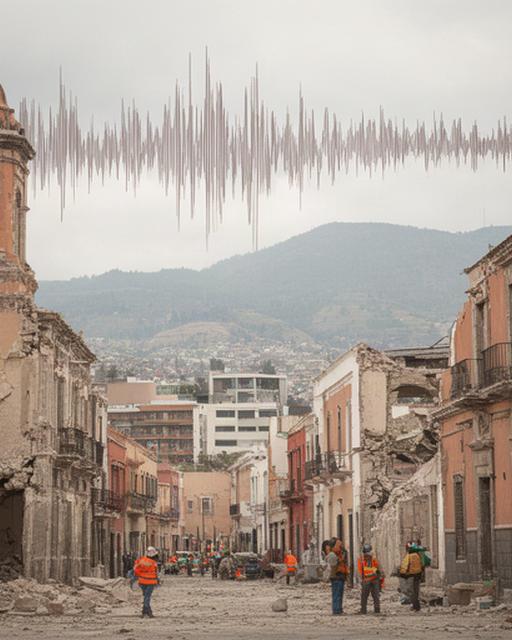 Mapa sísmico del centro de México junto a edificios de Puebla después de una réplica