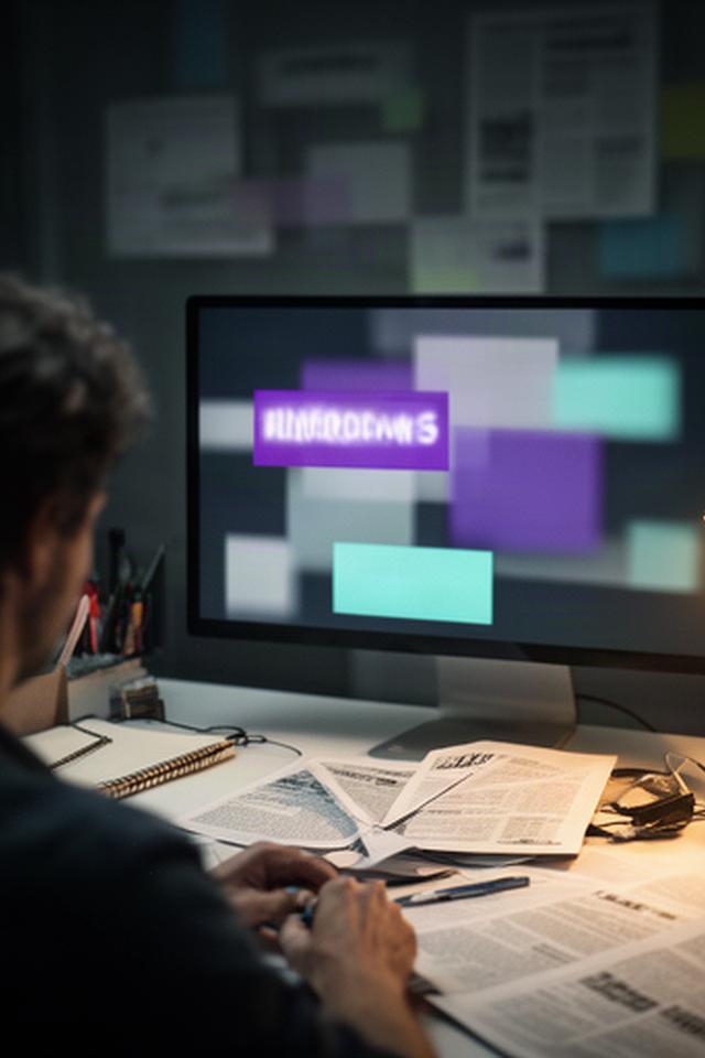 Periodista revisando una pantalla con titulares y notas impresas en una redacción independiente