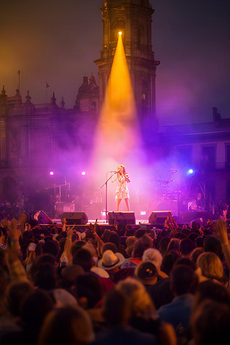 Escenario iluminado para el concierto de Natalia Lafourcade en el zócalo de Puebla