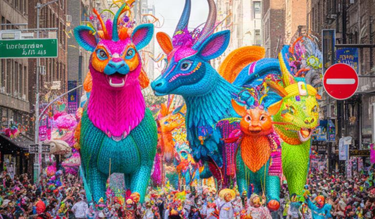 Desfile de alebrijes monumentales avanzando por una avenida con público