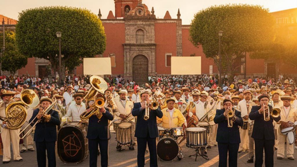 Banda de música tocando en una plaza de San Andrés Cholula al atardecer