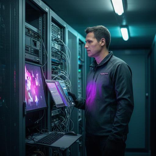 Técnica revisando una consola de seguridad en una sala de servidores