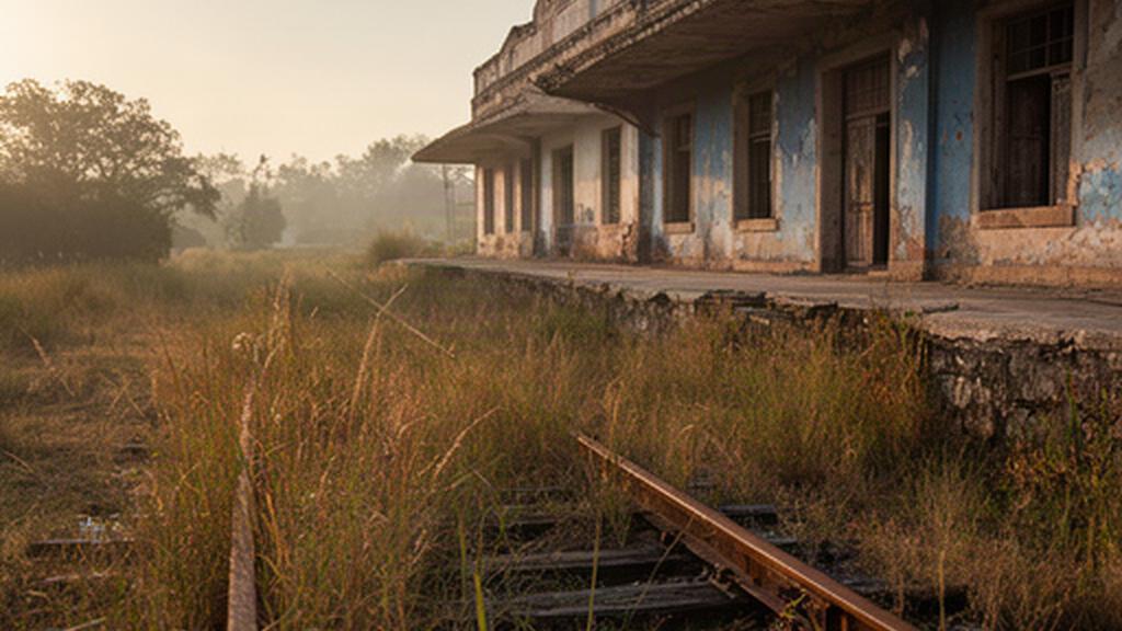 Antiguas vías de ferrocarril cubiertas de hierba junto a una estación poblana abandonada