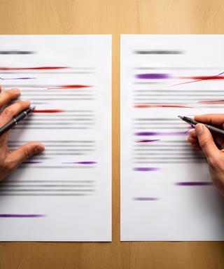 Manos comparando dos versiones de un documento con cambios marcados