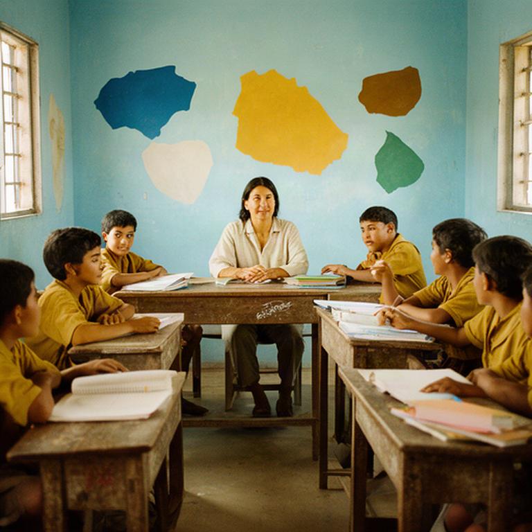 Aula rural con estudiantes y mapas de la región de los volcanes en una pared