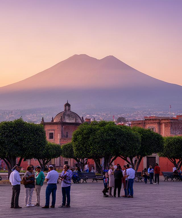 Plaza pública de Cholula al amanecer, con el perfil de los volcanes y personas conversando