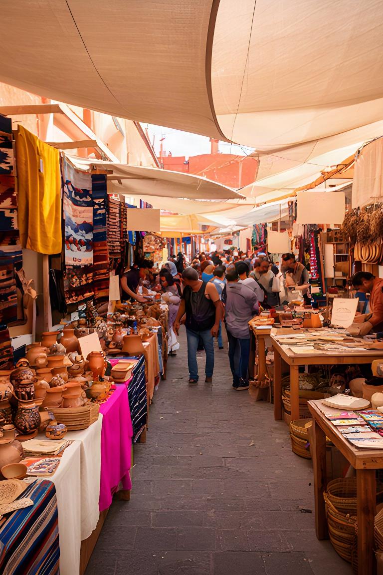 Puestos de artesanía y textiles en un mercado de Cholula durante una tarde concurrida