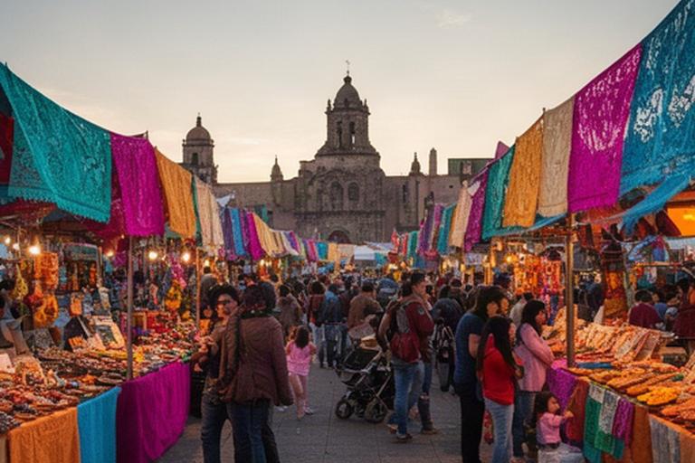 Feria de Cholula con puestos locales, visitantes y una iglesia al fondo