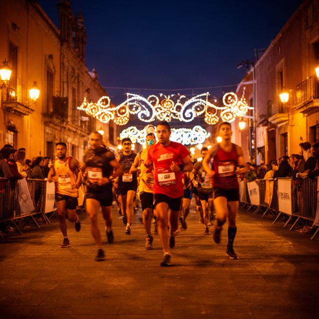 Corredores pasando junto a una calle iluminada durante una carrera nocturna en Puebla