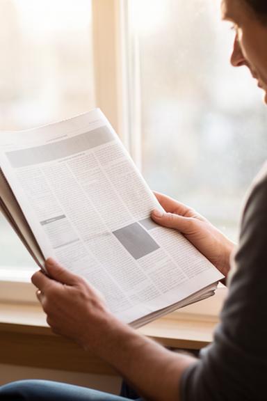 Lector revisando un periódico impreso frente a una ventana luminosa