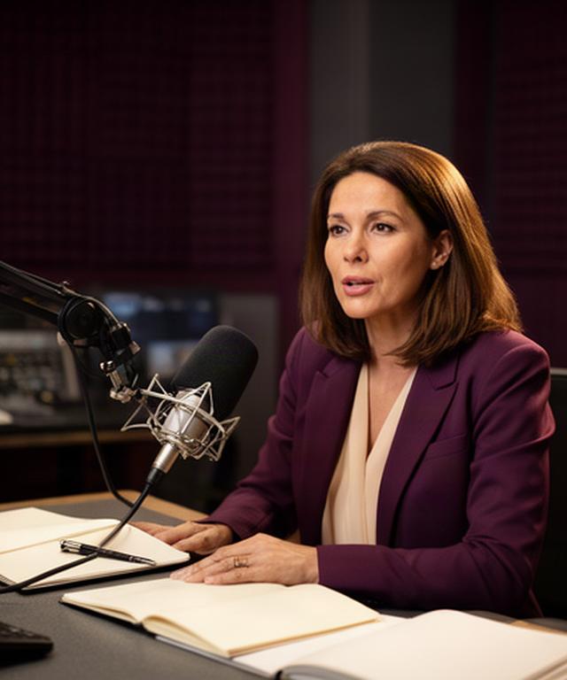Carmen Aristegui en un estudio de radio, con micrófono y libretas sobre la mesa