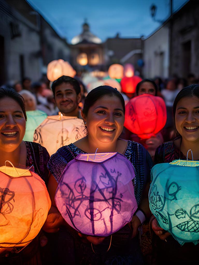Participantes sosteniendo faroles de colores durante la procesión de Cholula