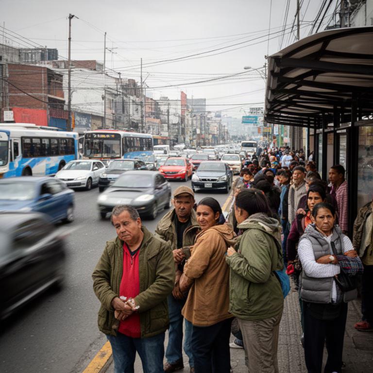 Pasajeros esperando transporte público en una avenida congestionada de la zona metropolitana
