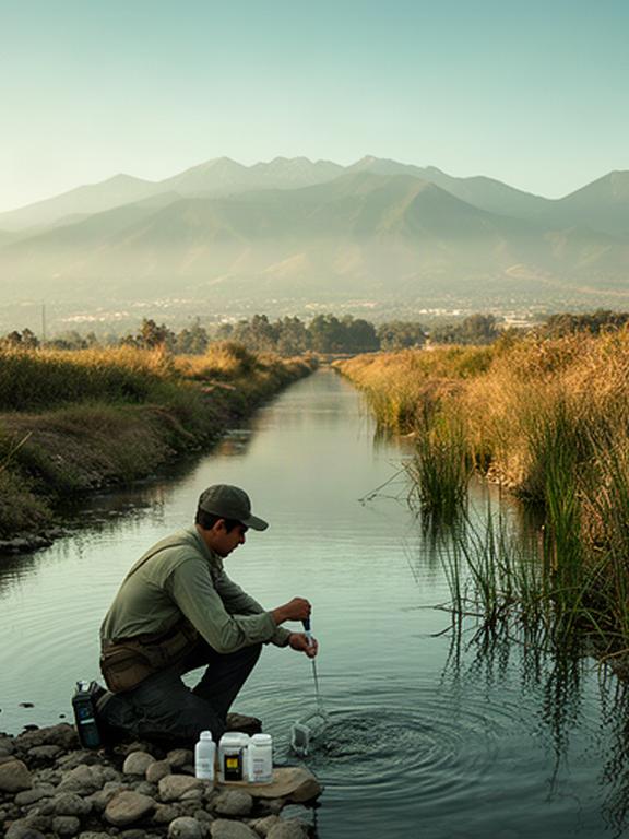 Especialista tomando muestras de agua en un canal cercano a Cholula con montañas al fondo