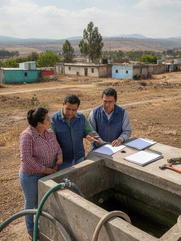 Habitantes de una comunidad poblana revisando un depósito de agua al aire libre