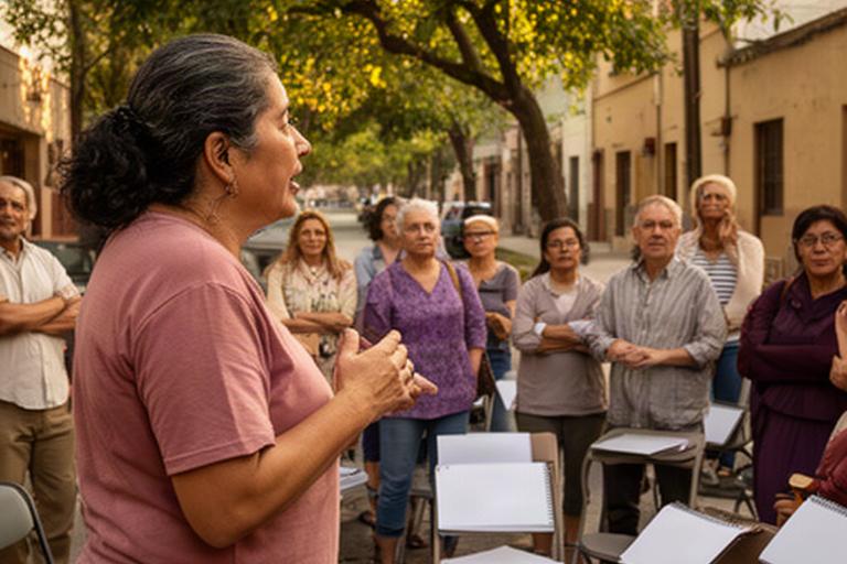 Vecina de Cholula hablando frente a una calle arbolada durante una reunión comunitaria