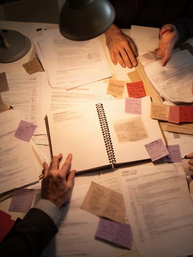 Periodista consultando documentos y notas de fuentes sobre una mesa
