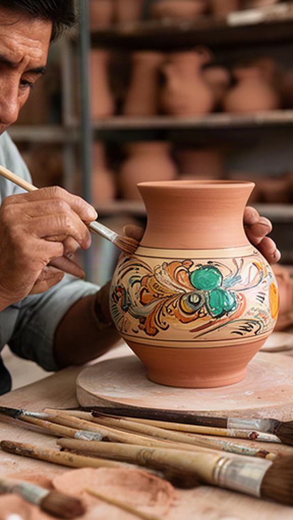 Artesana de Cholula decorando una pieza de barro en un taller abierto