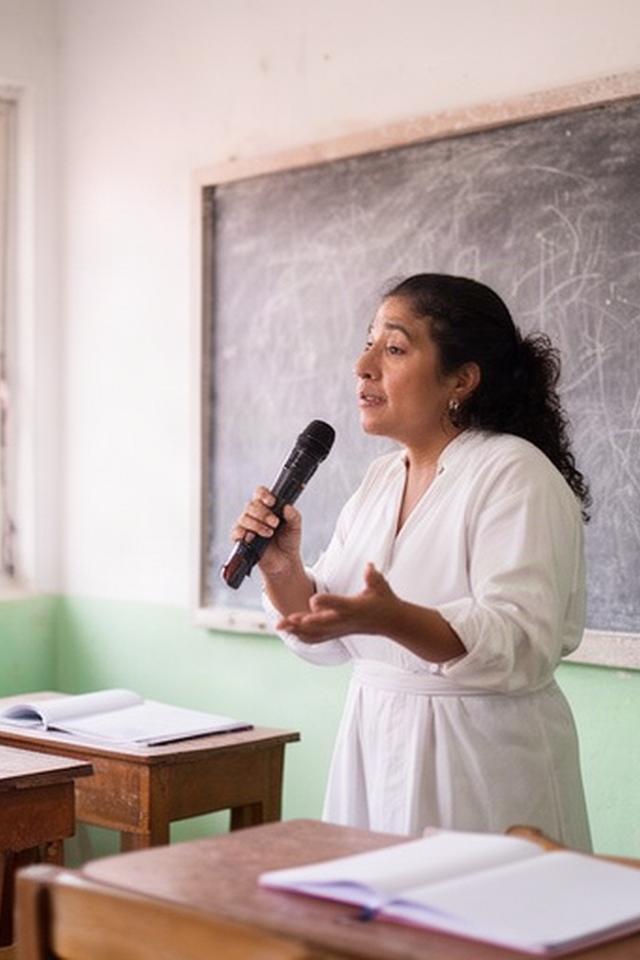 Entrevistada en un aula de Cholula junto a una pizarra con apuntes comunitarios