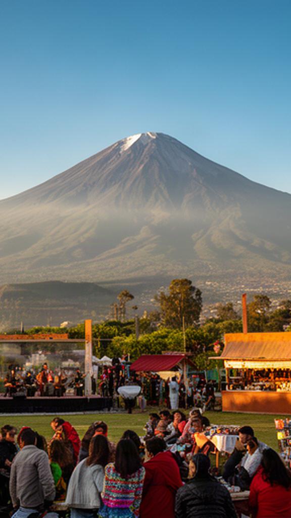 Visitantes observando el Popocatépetl desde un festival al aire libre en Puebla