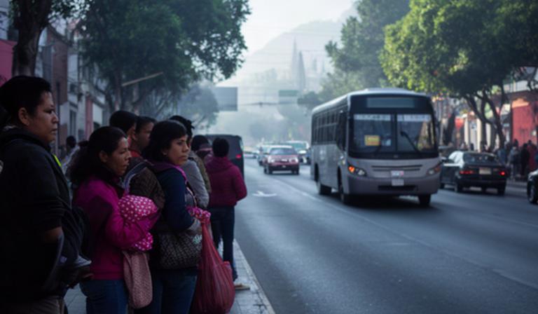 Personas esperando transporte público en una avenida de Cholula durante la mañana