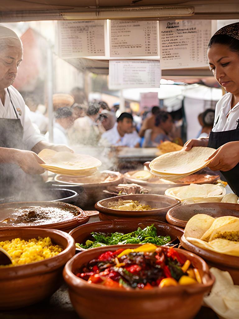 Cocineras tradicionales sirviendo platillos en una feria gastronómica de Puebla