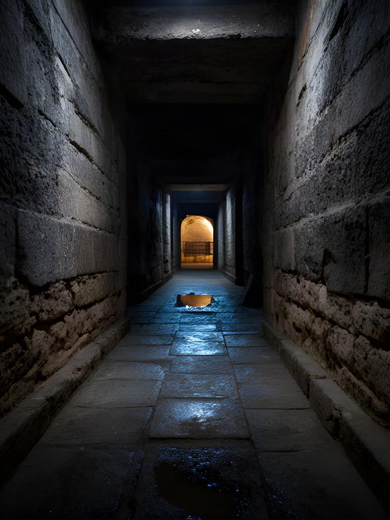 Pasadizo de piedra iluminado dentro de los túneles históricos de Cholula