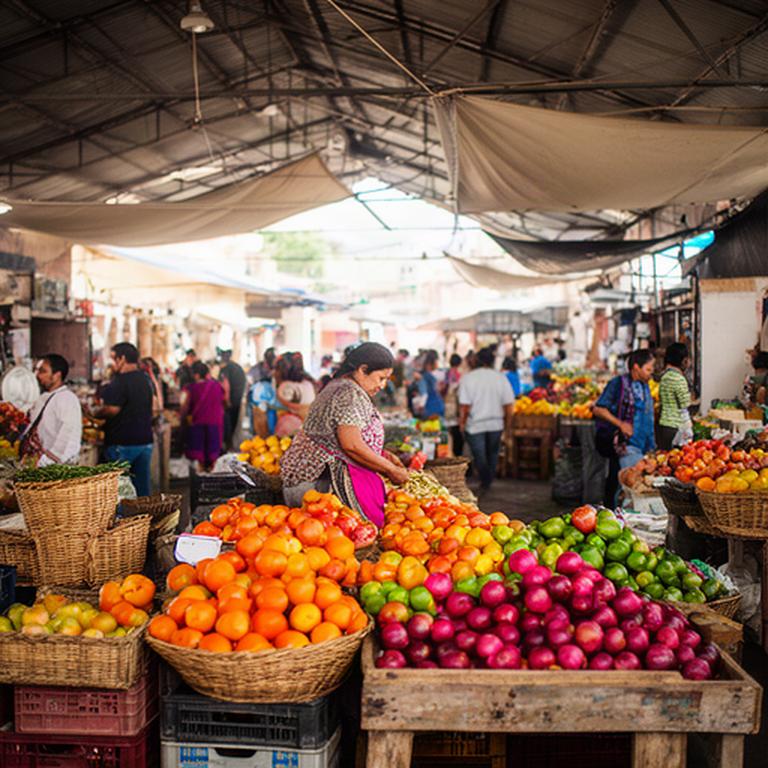 Vendedora acomodando frutas en un mercado tradicional de Cholula durante la mañana