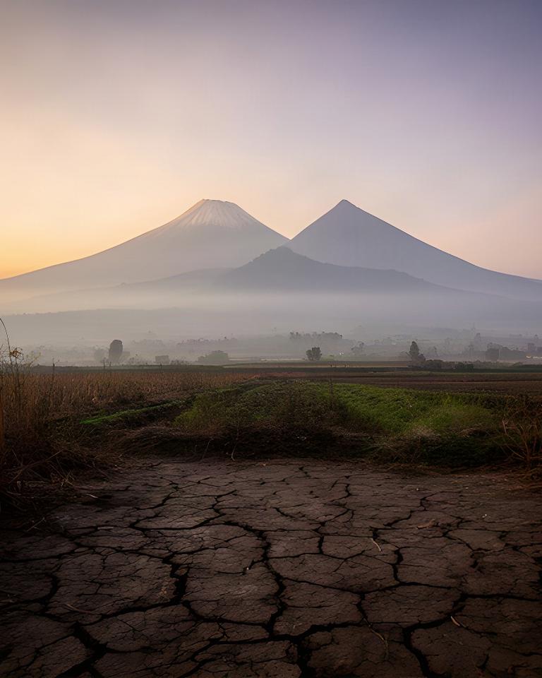 Paisaje seco entre los volcanes Popocatépetl e Iztaccíhuatl con parcelas agrietadas al amanecer
