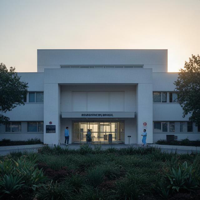 Fachada de un hospital público al amanecer con acceso principal visible
