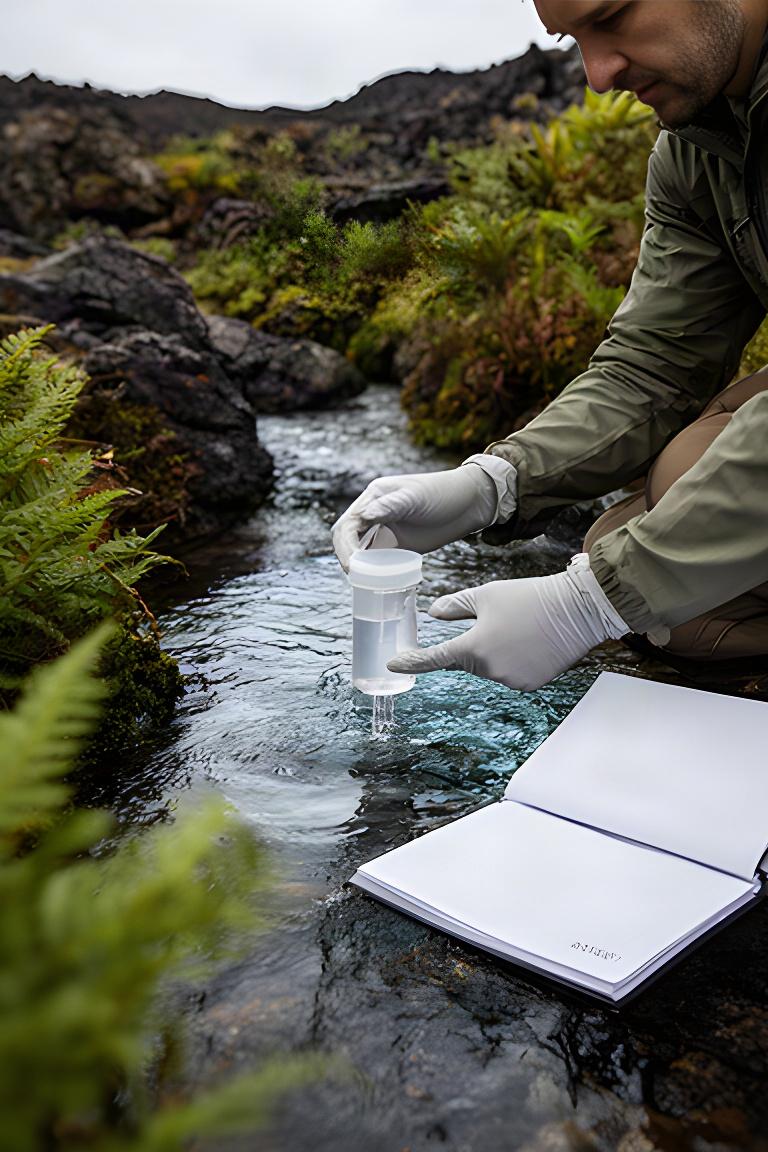 Investigadora tomando muestras de agua en un arroyo rodeado de vegetación volcánica