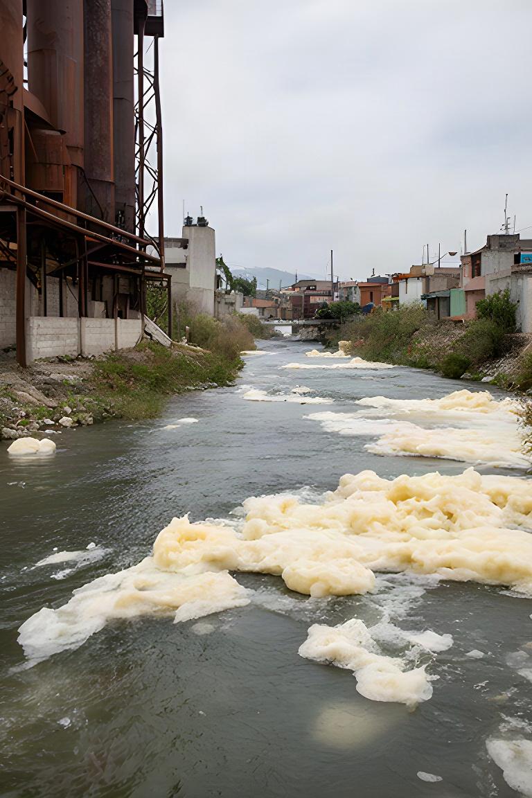 Río con espuma junto a una zona industrial y viviendas de la periferia poblana