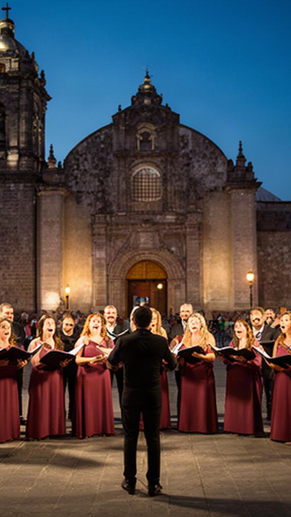 Coro comunitario cantando frente a una iglesia de Cholula al caer la tarde