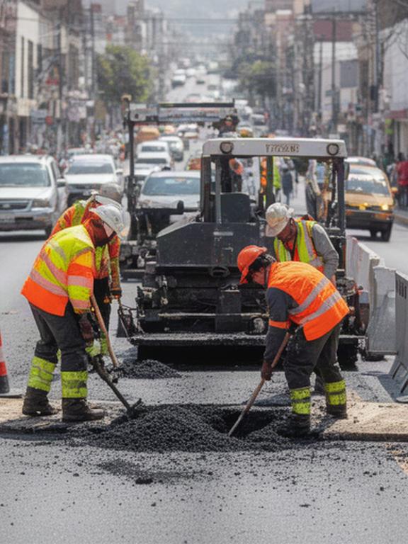 Trabajadores municipales reparando un bache en una avenida urbana de Puebla