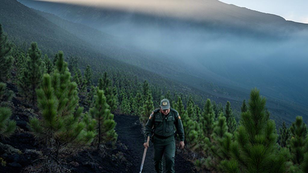 Guardabosques caminando entre pinos jóvenes en las laderas del Iztaccíhuatl
