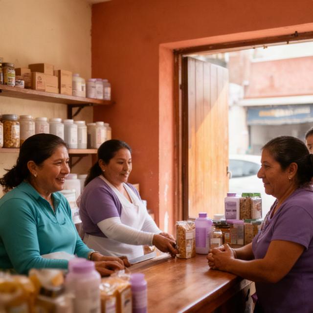 Comerciantes atendiendo un pequeño negocio en el centro de San Pedro Cholula