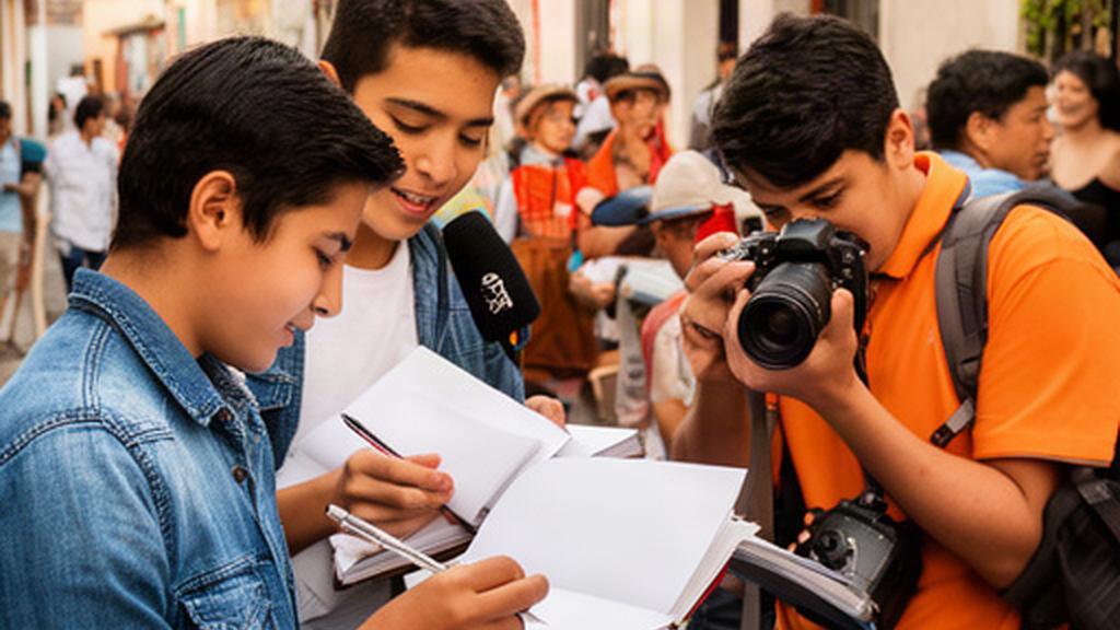 Jóvenes tomando notas y fotografías durante una cobertura vecinal en Puebla