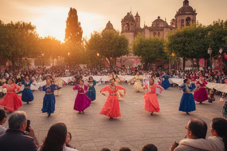Presentación cultural en una plaza de Cholula al atardecer, rodeada de familias