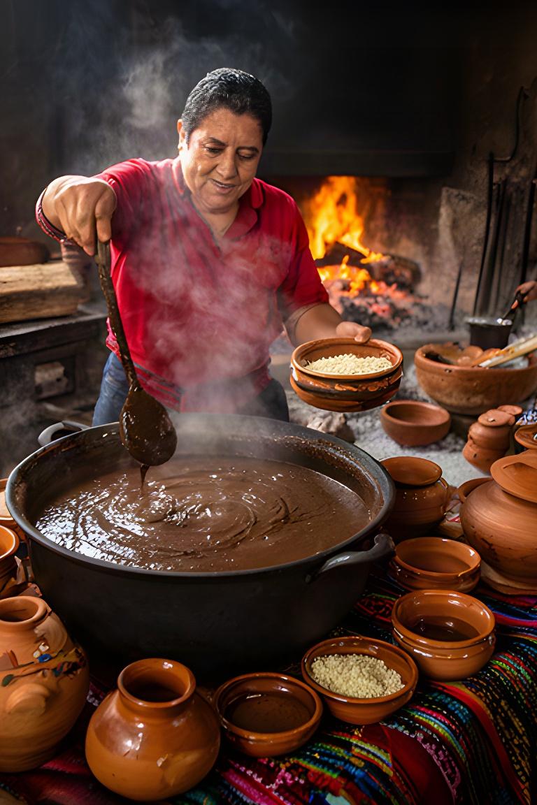 Cocinera tradicional sirviendo mole en una cocina de leña durante una fiesta comunitaria
