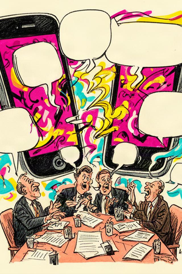 Caricatura editorial sobre ruido público, teléfonos y una mesa de debate ciudadano