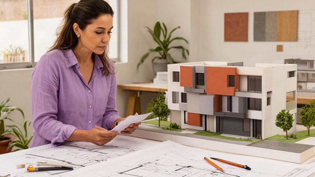 Arquitecta revisando planos de vivienda social junto a una maqueta en un despacho de Puebla