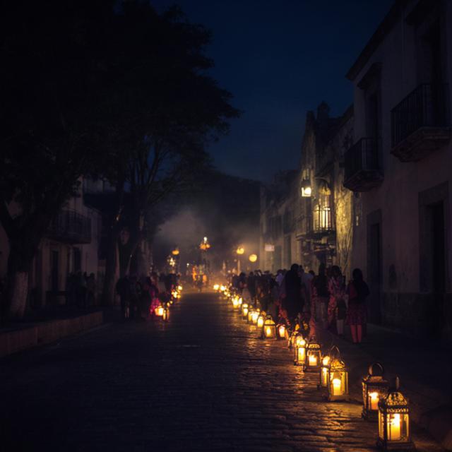 Calle de Cholula iluminada por una fila de faroles