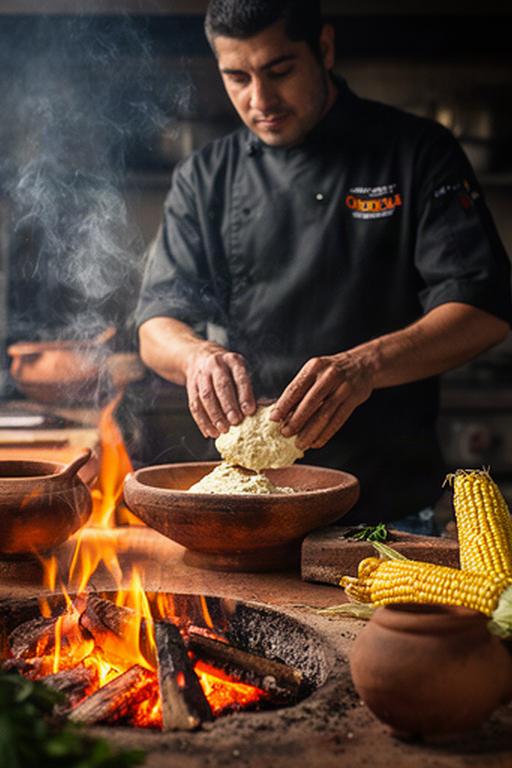 Chef de Cholula preparando cocina de humo y maíz en un restaurante local